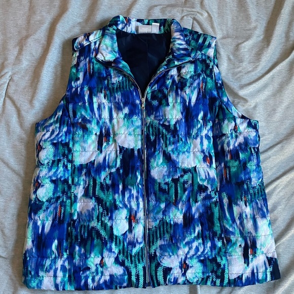 Weekends Chicos Women Puffer Vest Blue Floral Full Zip Pockets Chicos 3/ US XL - Picture 2 of 10